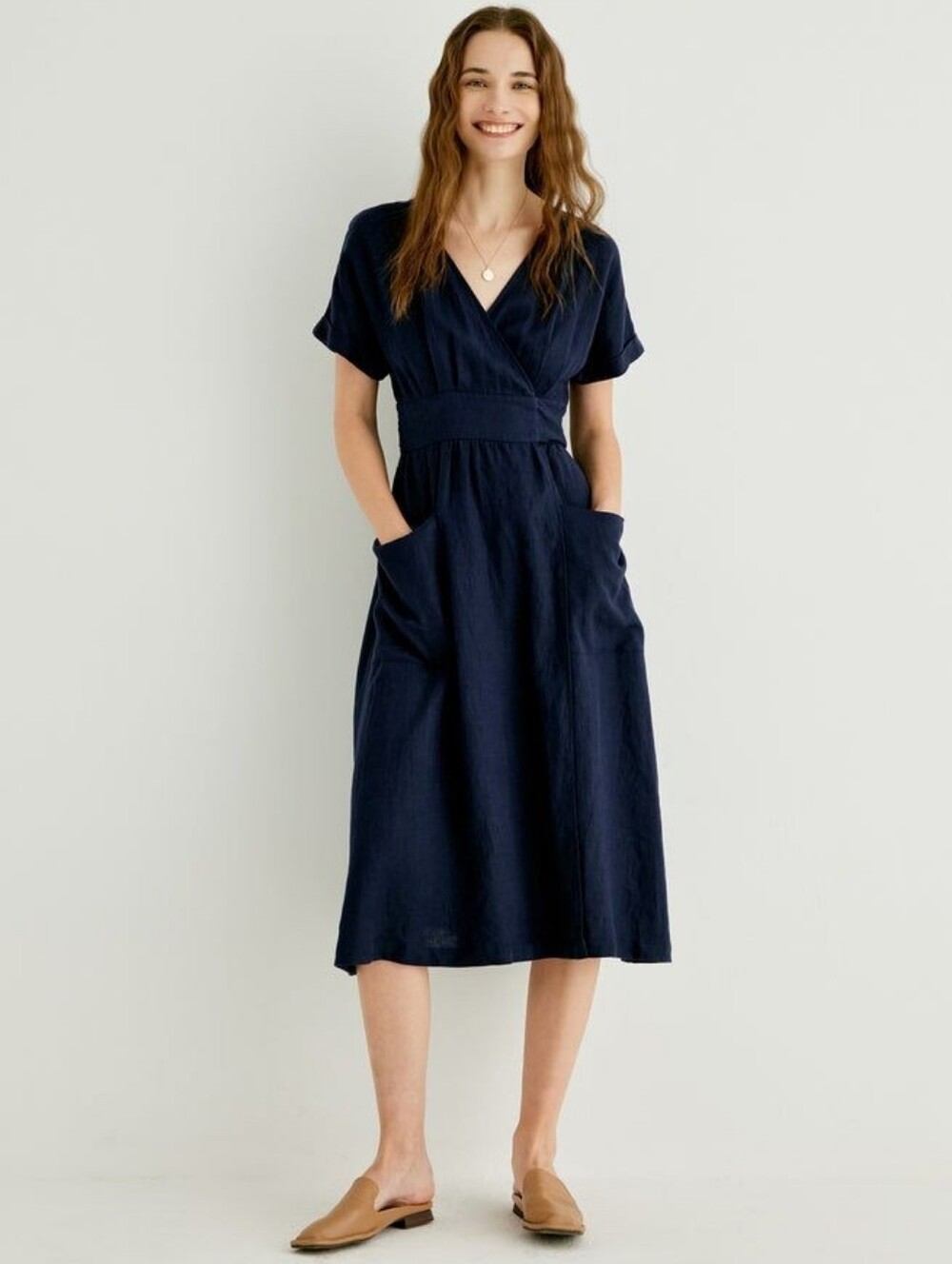 Grae Cove 100% Linen Navy Blue Short Sleeve True Wrap Midi Dress Size Large